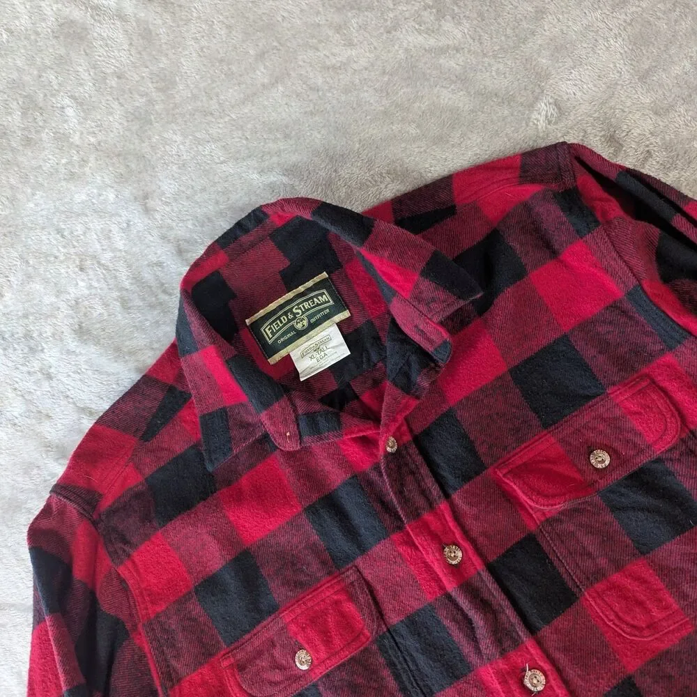 Field & Stream Flannel Shirt Mens XL Tall Red Black Buffalo Plaid Cotton XLT